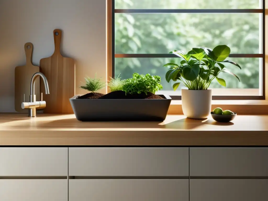 Encantadora cocina ecológica: compostaje y reciclaje Contador de cocina con separación de compostaje y reciclaje, organizado y eco-friendly