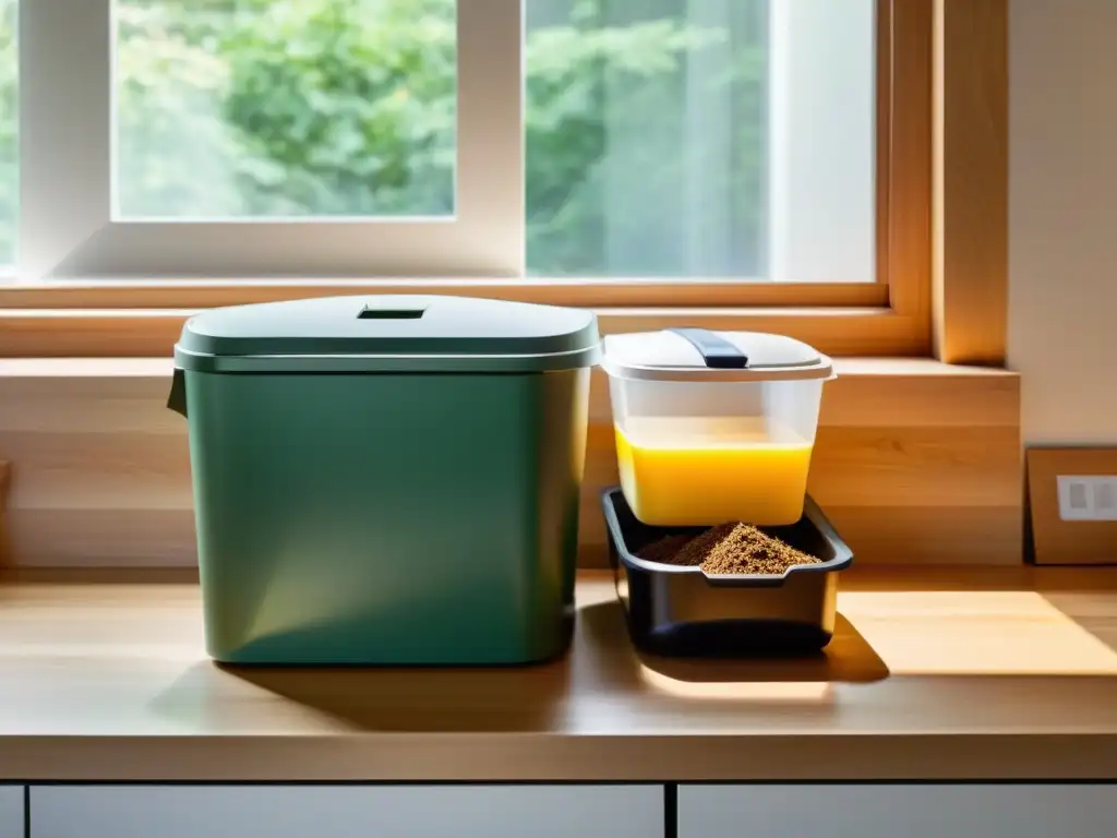 Contador de cocina moderno y minimalista con separación de residuos para compost, reciclaje y desechos