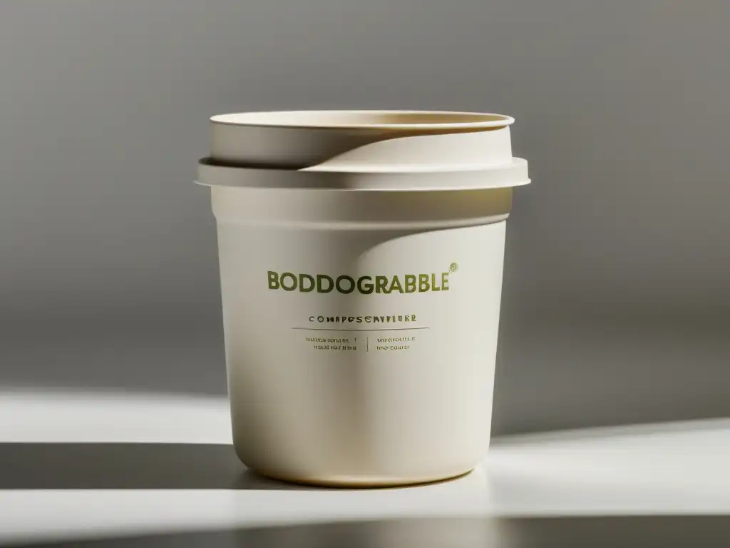 Un contenedor de alimentos compostable, elegante y ecológico, destaca en un fondo blanco con iluminación suave