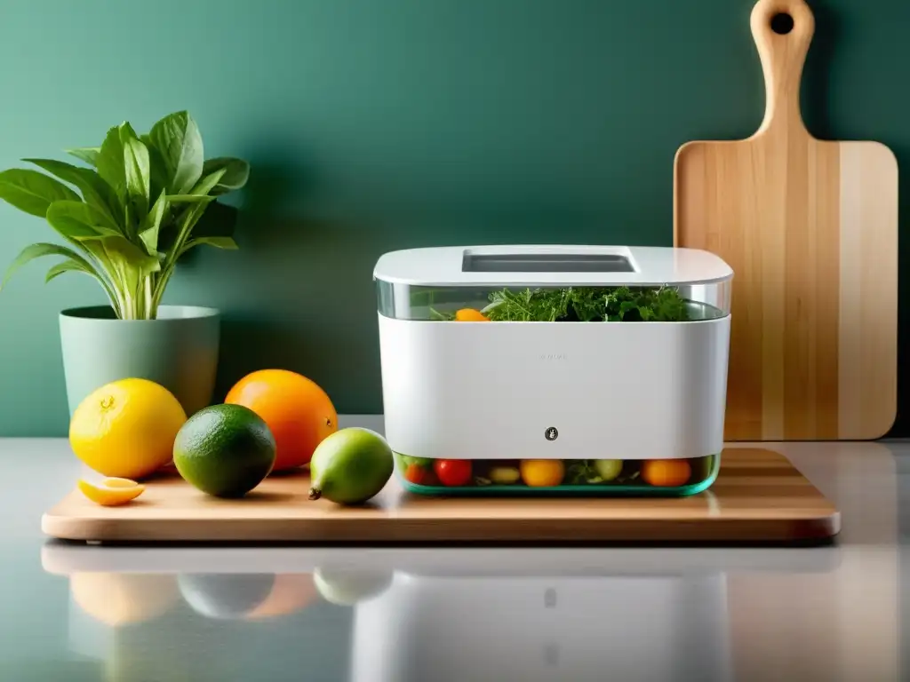 Contenedor compostaje para apartamentos: diseño elegante en cocina moderna, con restos de frutas y vegetales en la encimera