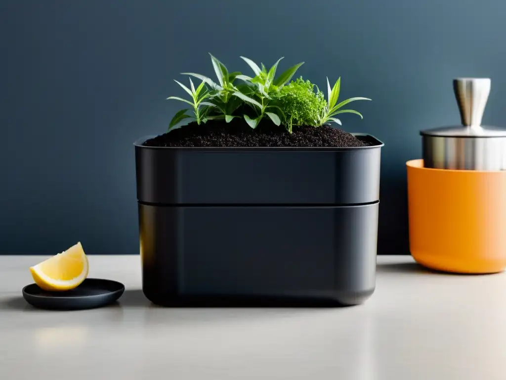 Contenedor compostaje para apartamentos: diseño minimalista en plástico negro reciclado, ideal para cocina y compostaje urbano