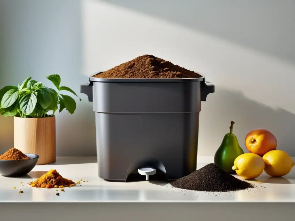 Un contenedor de compostaje Bokashi en una cocina moderna, resaltando los beneficios del compostaje Bokashi en el hogar