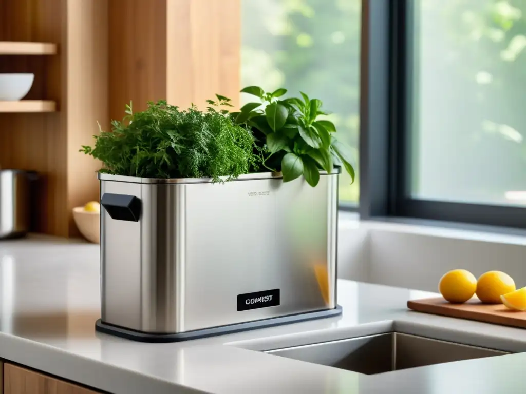 Un contenedor de compostaje Bokashi en una cocina moderna, resaltando su diseño ecológico y minimalista