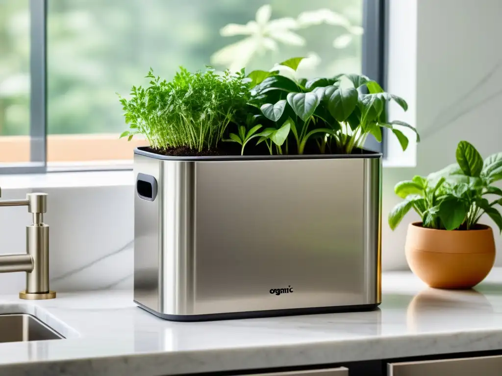 Un contenedor de compostaje de cocina moderno, con diseño de acero inoxidable en una encimera de mármol blanco junto a una planta de hierbas