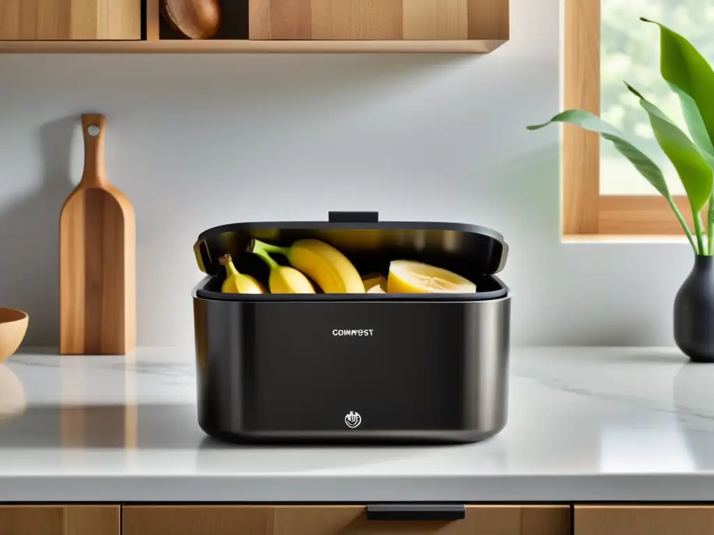 Un contenedor de compostaje interior de acero inoxidable negro mate, con alimentos orgánicos y tapa sellada