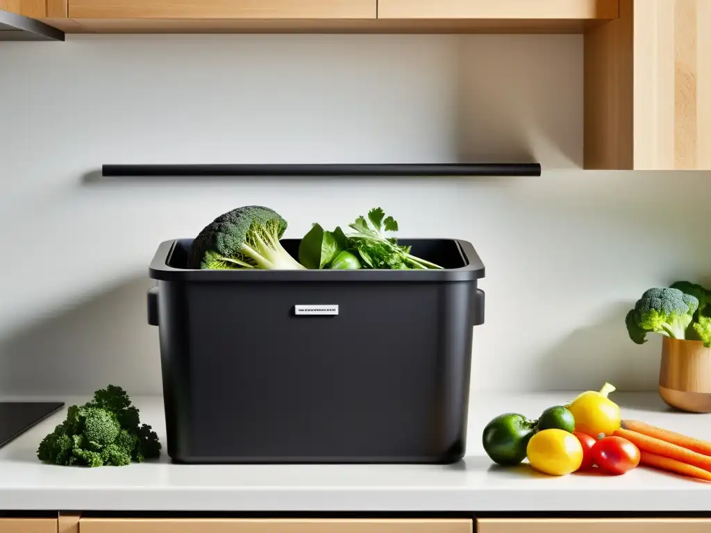 Un contenedor de compostaje moderno y elegante en una cocina organizada, resaltando la eficiencia del compostaje en el hogar