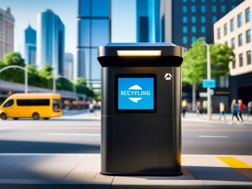 Un contenedor inteligente para reciclaje en una ciudad moderna, con tecnología integrada