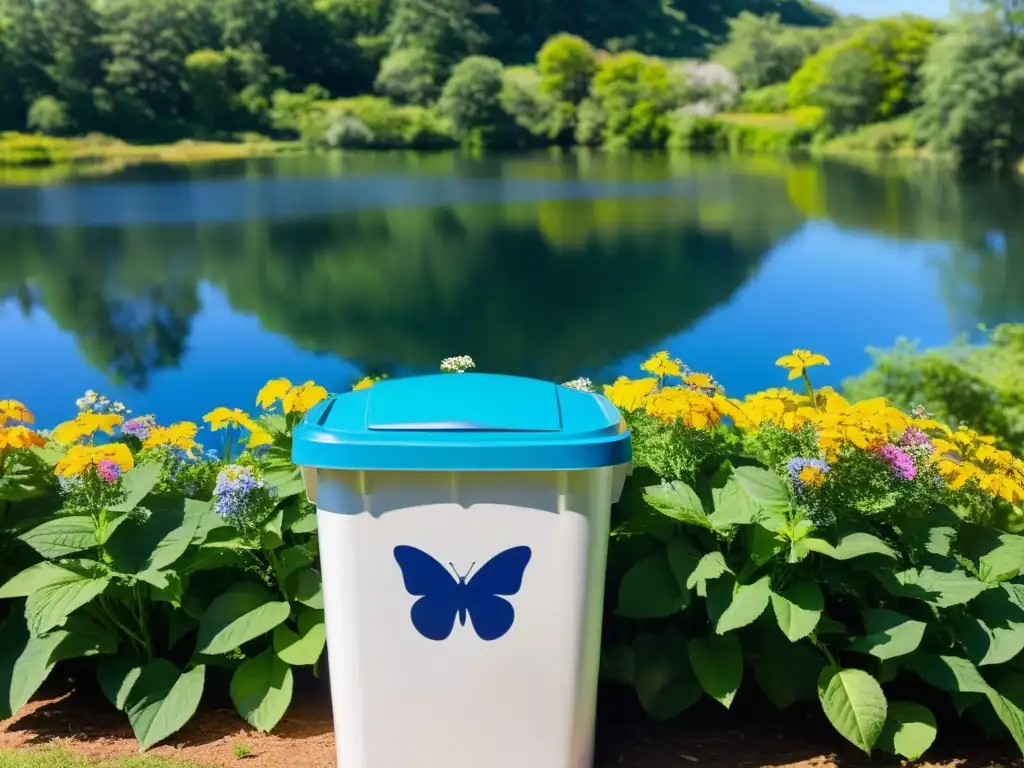 Un contenedor de reciclaje blanco con tapa azul brillante en un entorno natural