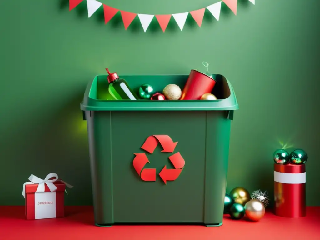 Un contenedor de reciclaje minimalista en un ambiente festivo, con la palabra clave 'Separación de residuos en épocas festivas'