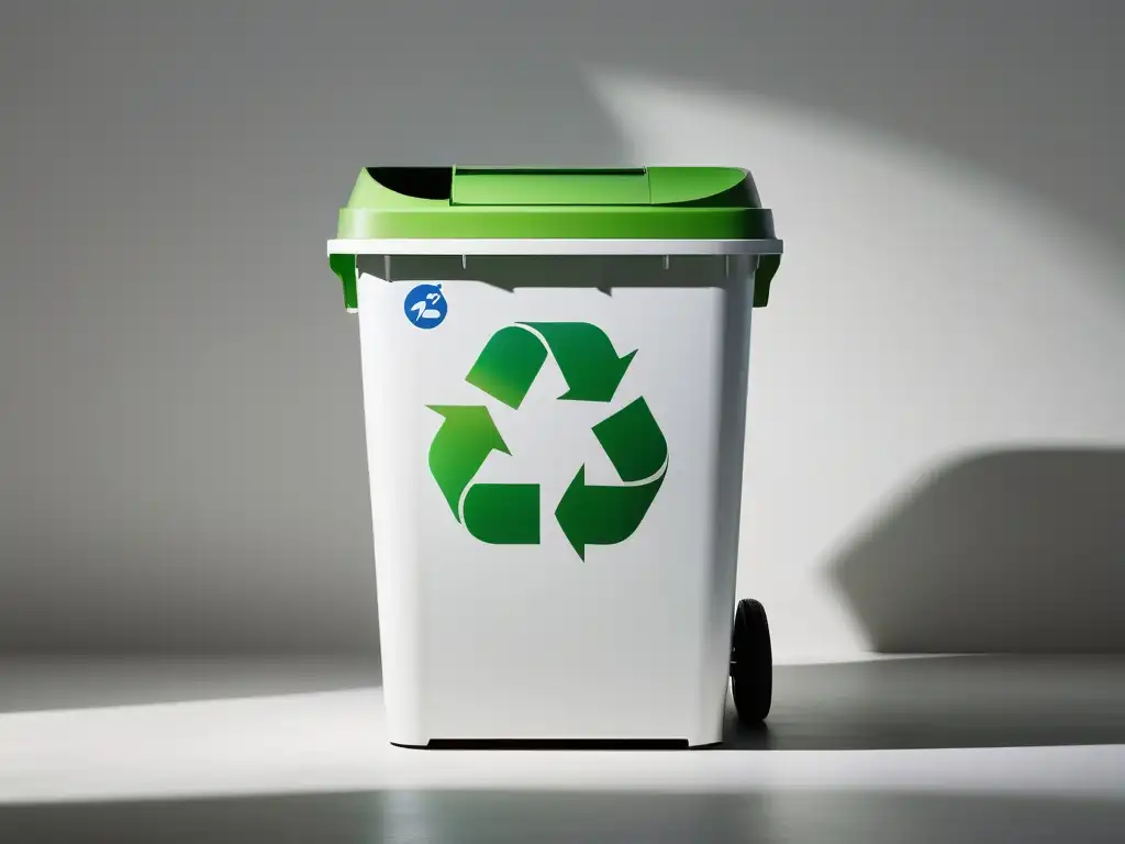 Un contenedor de reciclaje minimalista en blanco mate, con el logo 'Recycle Right' en verde