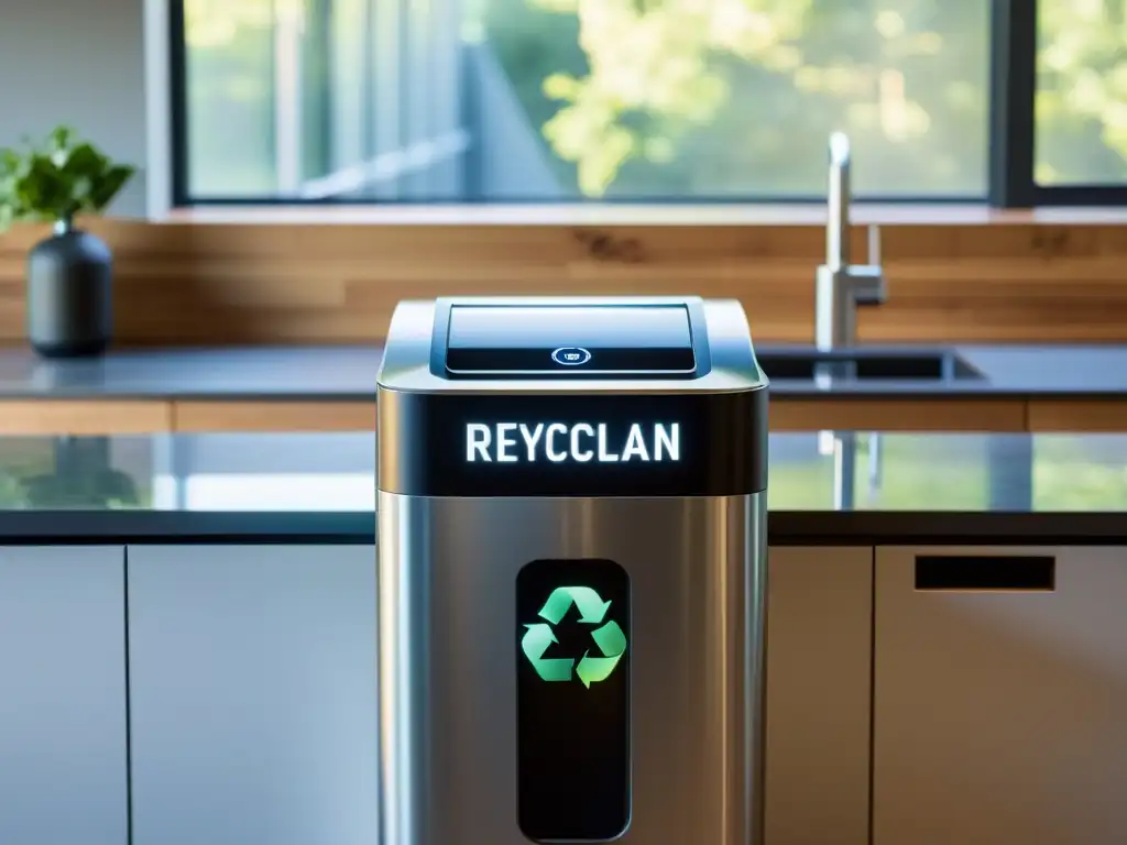 Un contenedor de reciclaje moderno muestra transacciones de blockchain en una cocina minimalista bañada por luz natural