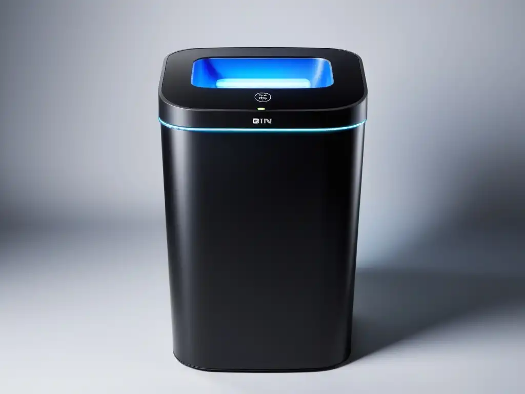 Un contenedor de reciclaje negro mate con sensor automático, diseño futurista y compartimentos separados