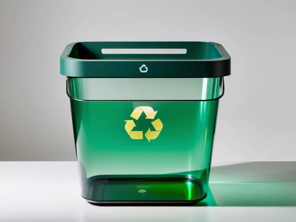 Contenedor de reciclaje transparente: impacto ambiental Un contenedor de reciclaje transparente y futurista, con materiales reciclables y tecnología Blockchain para separación de residuos
