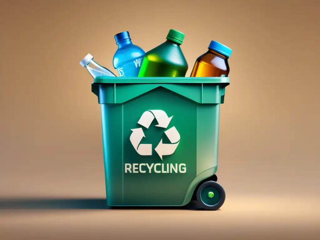 Un contenedor de reciclaje transparente lleno de artículos reciclables, con un icono de blockchain