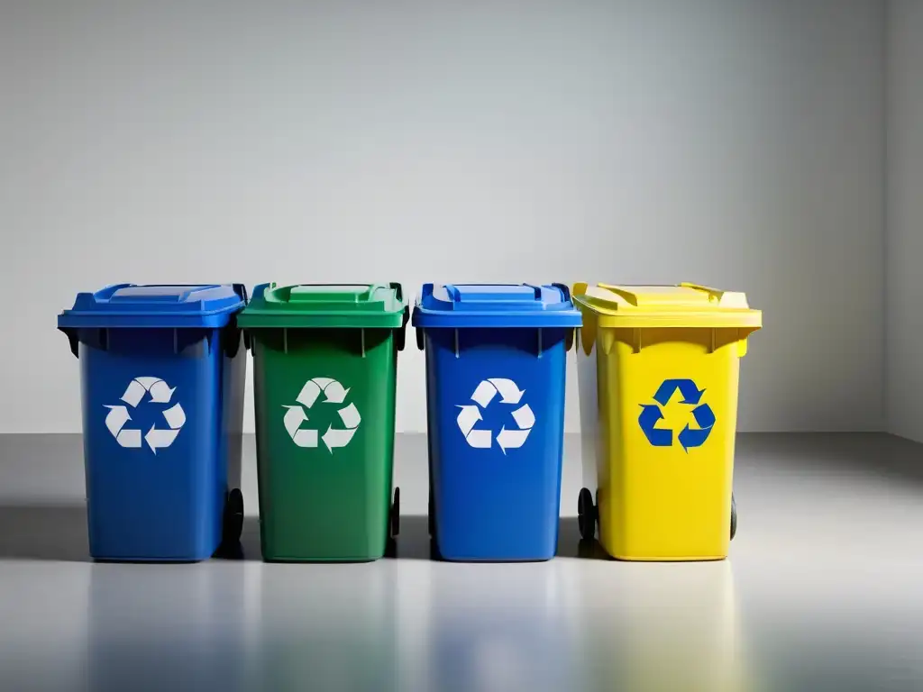 Tres contenedores de reciclaje en colores brillantes (verde, azul y amarillo) organizados en fila, transmitiendo sostenibilidad y orden