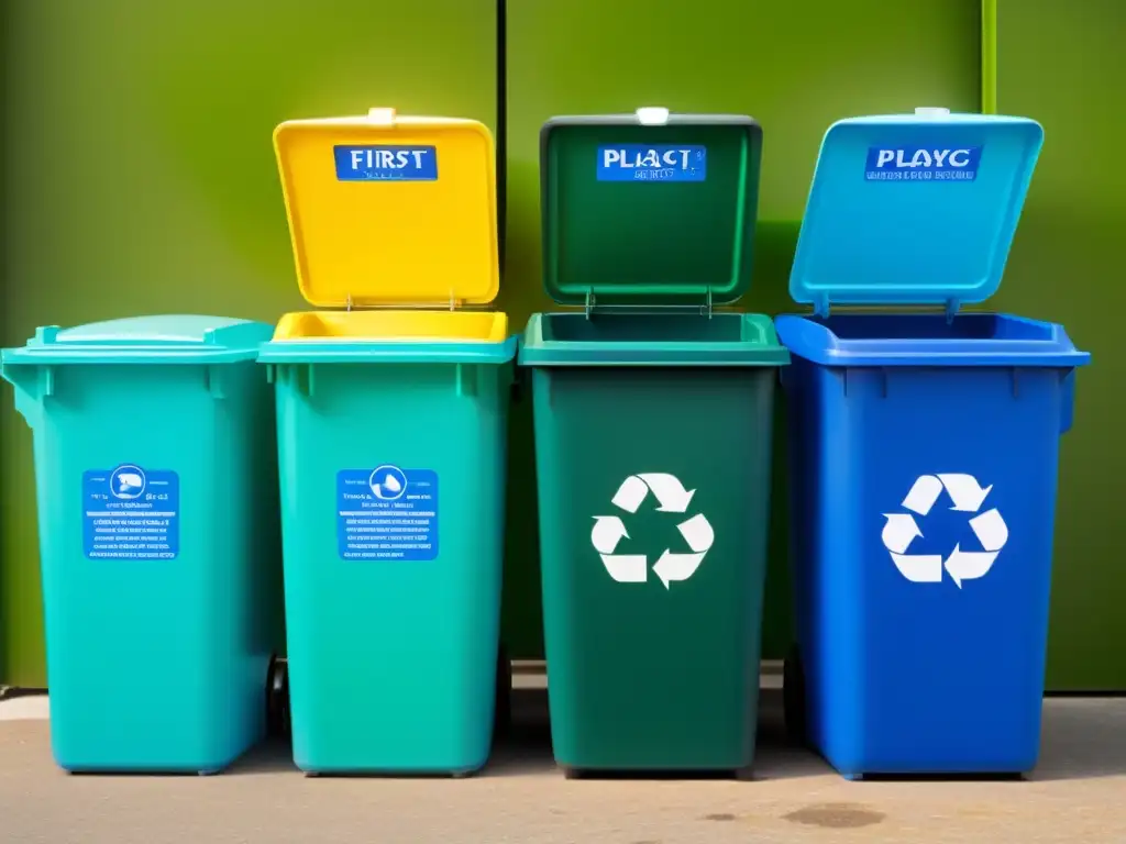 Tres contenedores de reciclaje de colores vivos (azul, verde y amarillo) con símbolos de reciclaje y diferentes materiales dentro