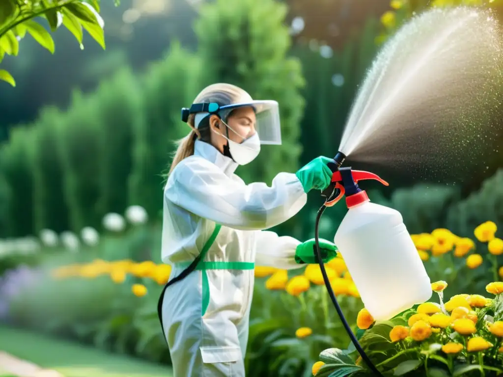 Control de plagas ecológico en el hogar: Persona aplicando pesticida natural con un moderno rociador en un jardín exuberante y vibrante