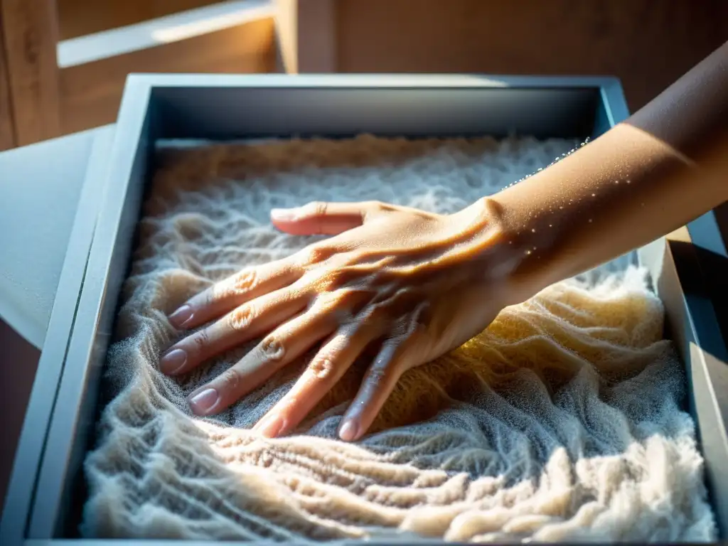 Creación artesanal de papel reciclado en casa, sumergiendo la malla en la mezcla pulposa con delicadeza y serenidad, destacando la belleza del proceso