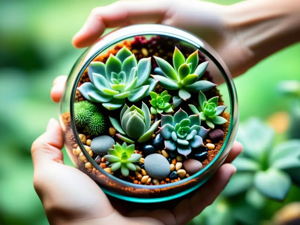 Creación de terrario en envase de vidrio reciclado con suculentas y piedras coloridas, transmitiendo serenidad y elegancia