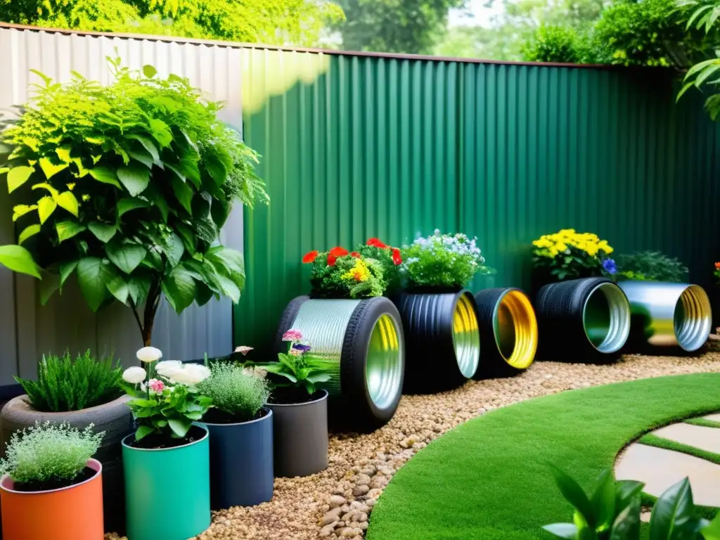 Un jardín creativo con objetos reciclados, como latas y neumáticos, rodeado de vegetación exuberante y flores coloridas