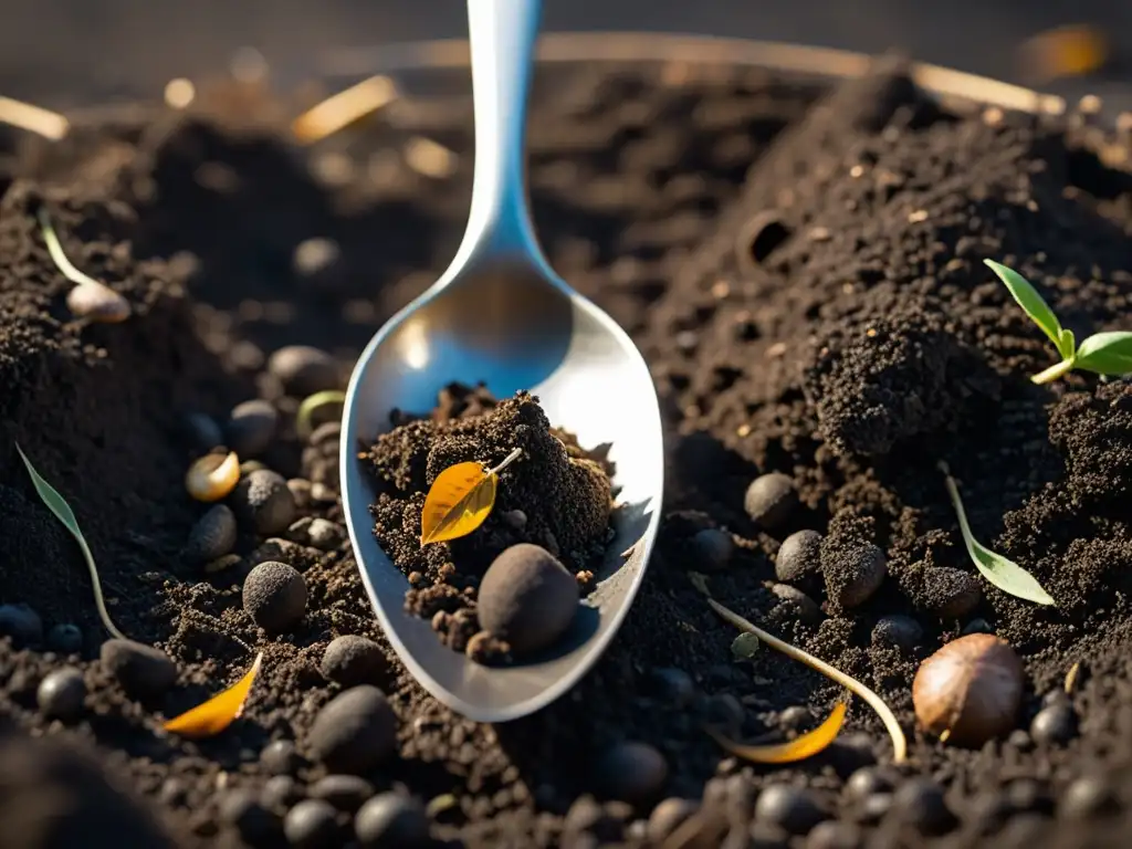 Una cuchara de metal se sumerge lentamente en un rico y oscuro compost, destacando la descomposición de metales en compostaje