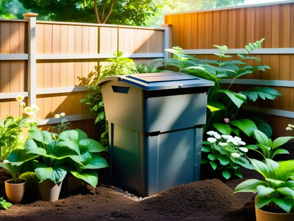 Un jardín bien cuidado con equipos de compostaje para jardín, rodeado de plantas exuberantes y flores