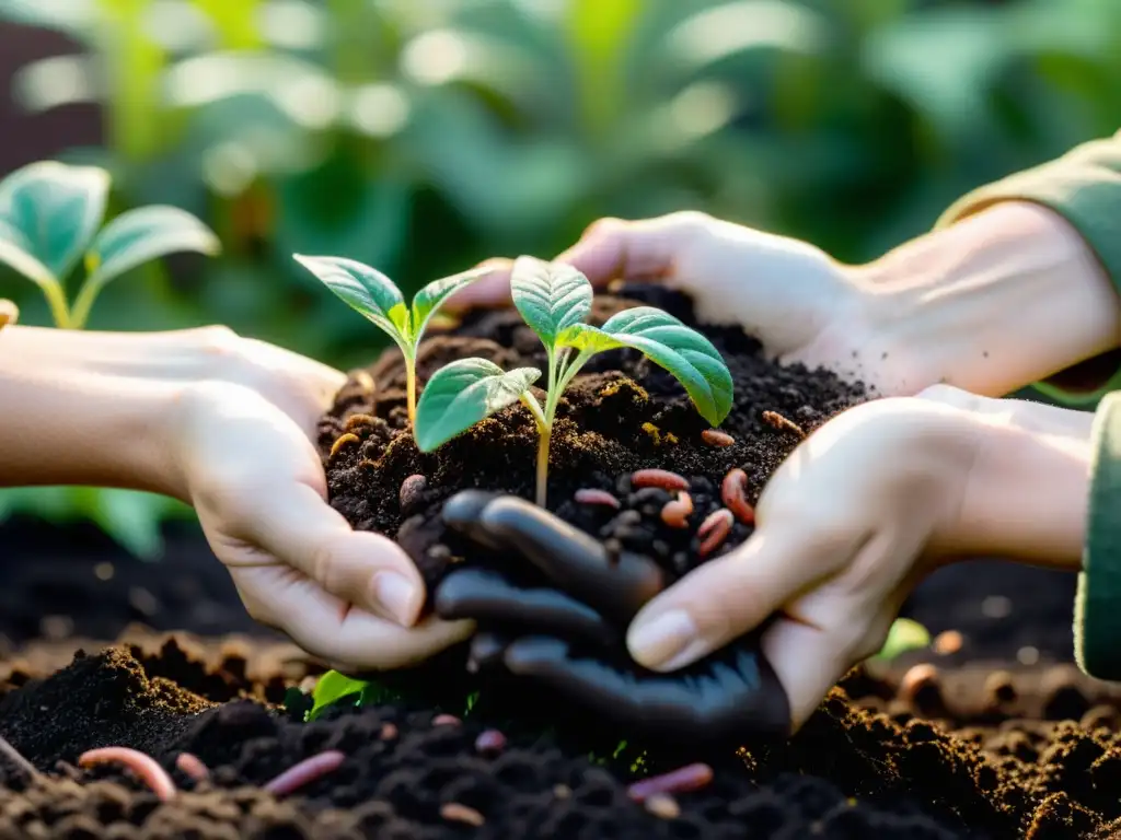 Fertilizando el jardín con compost orgánico: detalle fascinante Unos cuidadosas manos esparciendo compost sobre un exuberante jardín, resaltando las técnicas de compostaje doméstico sostenible