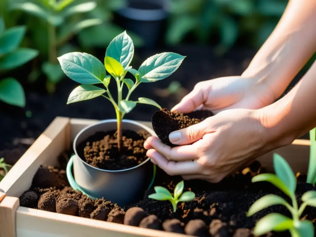 Un cuidadoso acto de siembra ecofriendly en el hogar, con manos plantando una plántula en tierra oscura y herramientas de jardinería ecofriendly