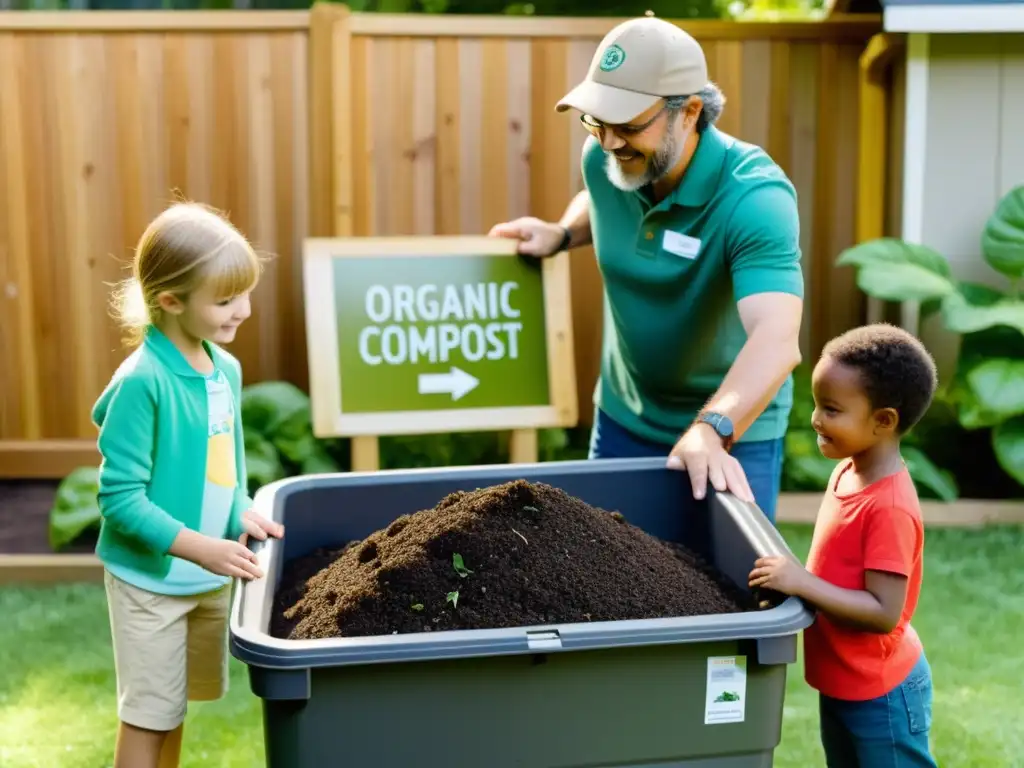 Una demostración práctica de compostaje en el hogar, con niños curiosos aprendiendo sobre el proceso de compostaje en un patio trasero soleado