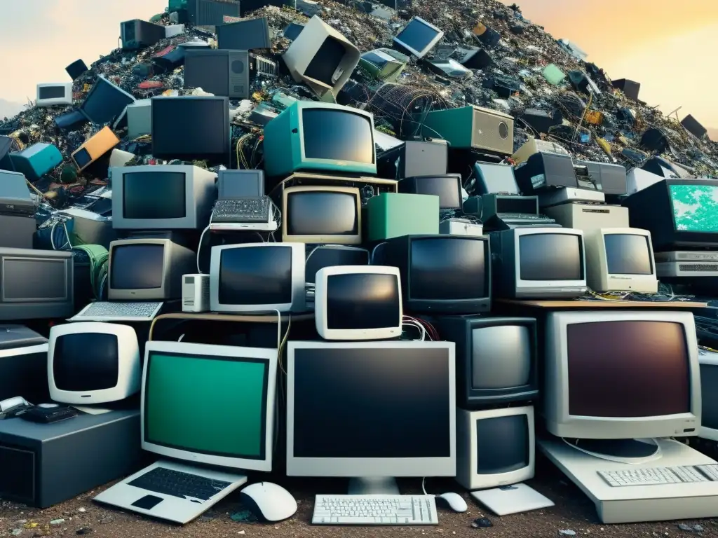 Montaña de desechos electrónicos en 8k, caótica y visualmente impactante, con peligros del reciclaje adecuado ewaste