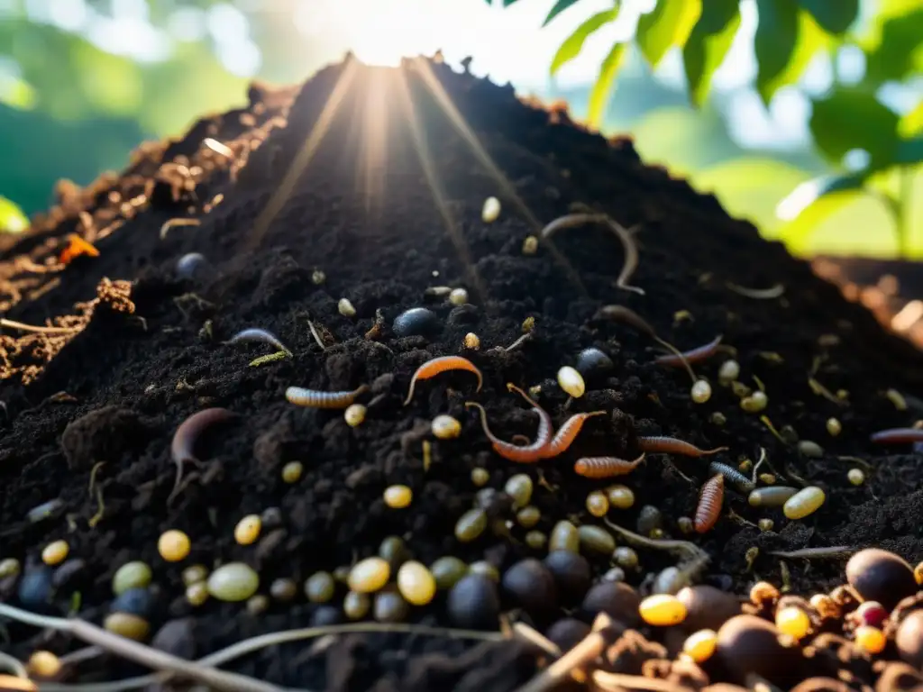 Transformación de desechos en recursos: compostaje sereno en el patio con tierra oscura, materia orgánica en descomposición y lombrices trabajando