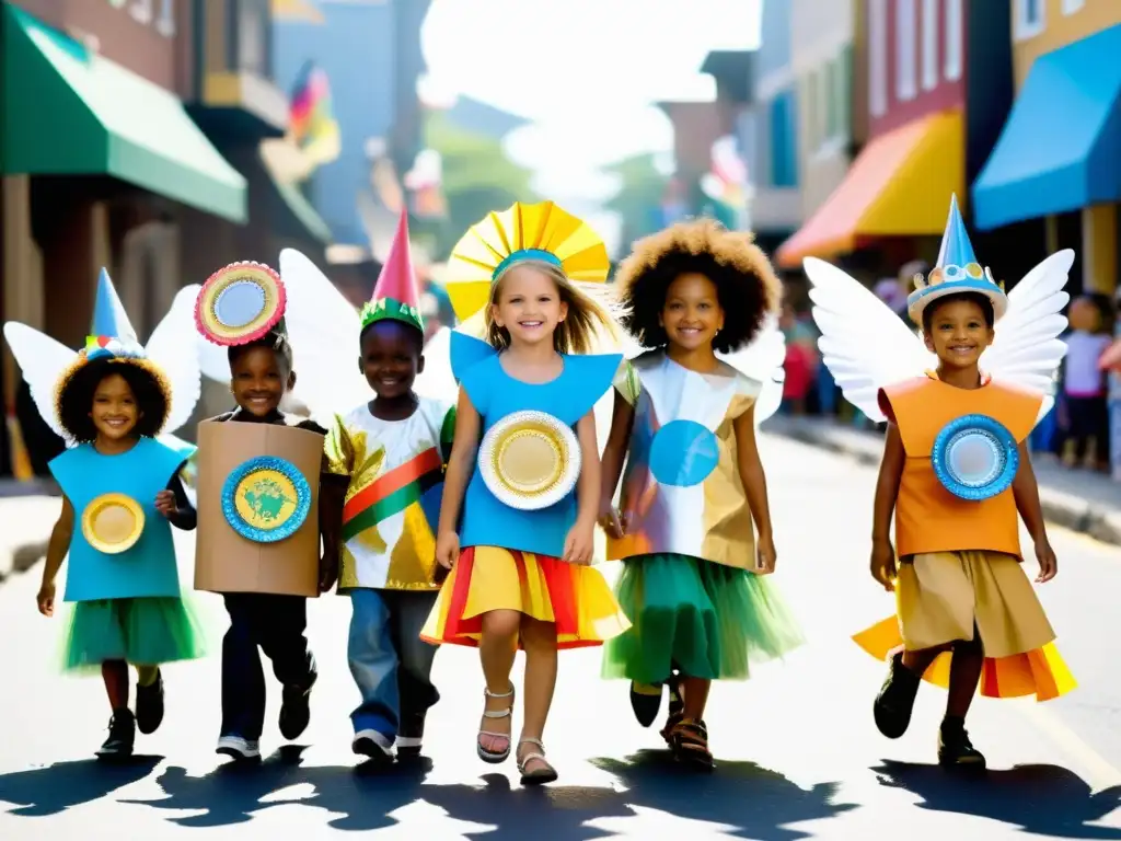 Desfile de disfraces reciclados para niños en festival ecoamigable: creatividad, sostenibilidad y alegría en la comunidad