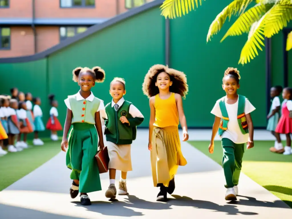 Desfile escolar de moda sostenible con niños luciendo prendas recicladas en un soleado patio