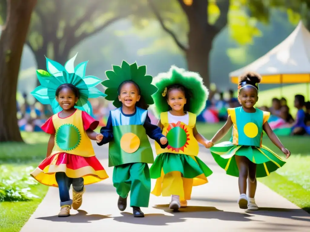 Un desfile de niños con disfraces reciclados para niños, exhibiendo creatividad y conciencia ecológica en un parque soleado