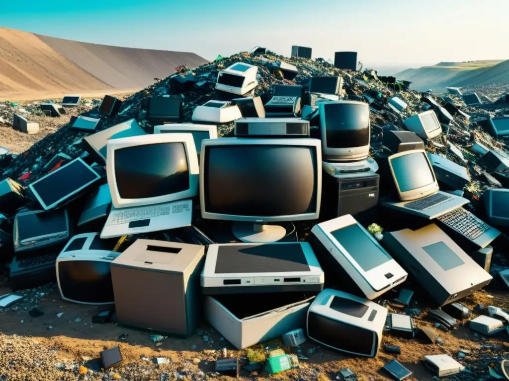 Desolado vertedero de residuos electrónicos, mostrando la peligrosa acumulación de dispositivos obsoletos