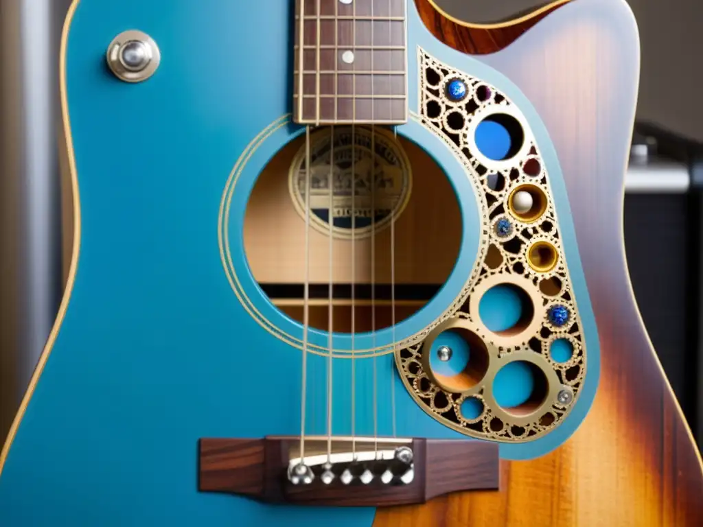 Detallada guitarra artesanal de madera reciclada, con incrustaciones coloridas y cuerdas azules