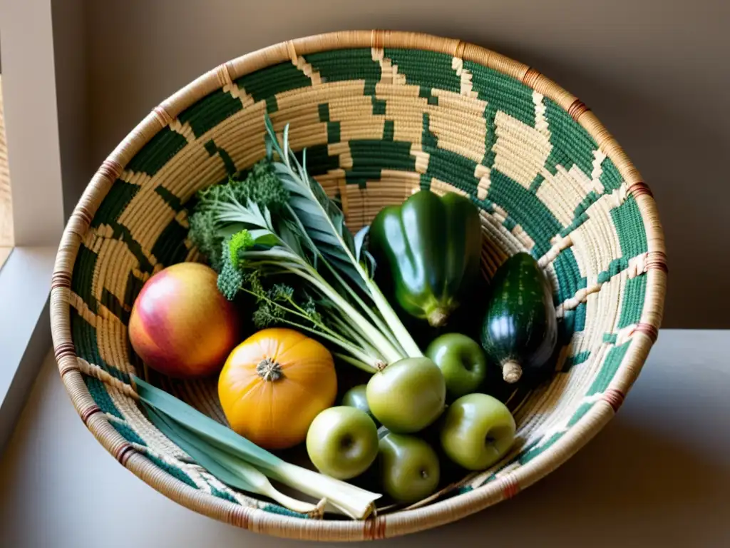 Detallada cesta de cosecha de materiales reciclados, con frutas y verduras frescas, destacando su diseño ecofriendly