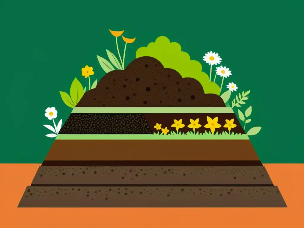 Detallada ilustración de un compost en un jardín, rodeado de plantas y flores