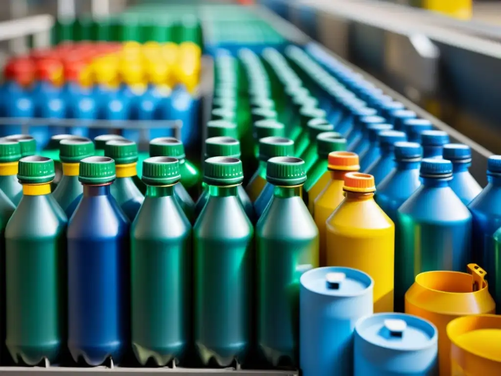 Detallada foto de botellas plásticas siendo separadas en una planta de reciclaje