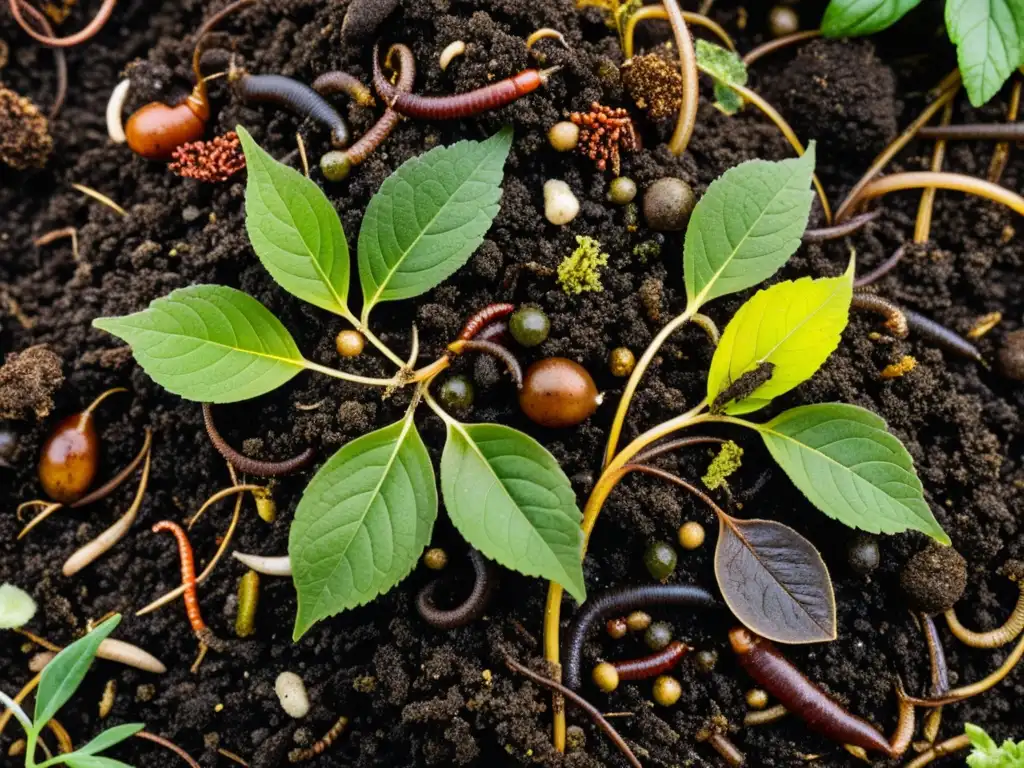 Detallada foto de compost oscuro rebosante de microorganismos y lombrices, con hojas en descomposición y restos de vegetales