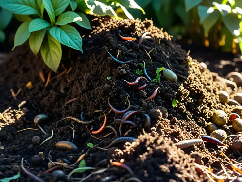 Detallada foto de un próspero montón de compost en un jardín, mostrando las técnicas de compostaje en el hogar de forma vibrante y detallada