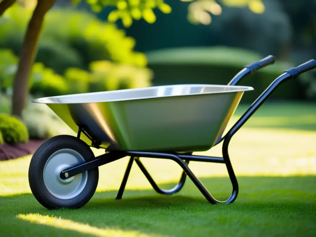Detallada imagen de una carretilla ecológica para residuos en un jardín exuberante y soleado, evocando sostenibilidad y armonía con la naturaleza