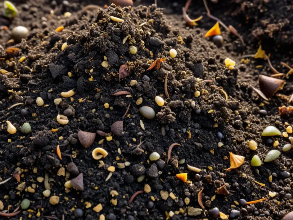 Detallada imagen de compost rico en minerales, con tierra oscura y desmenuzada, raíces y lombrices