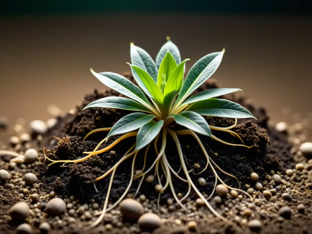 Detallada imagen de un compostaje para plantas de interior, mostrando las raíces y organismos en la tierra oscura y rica