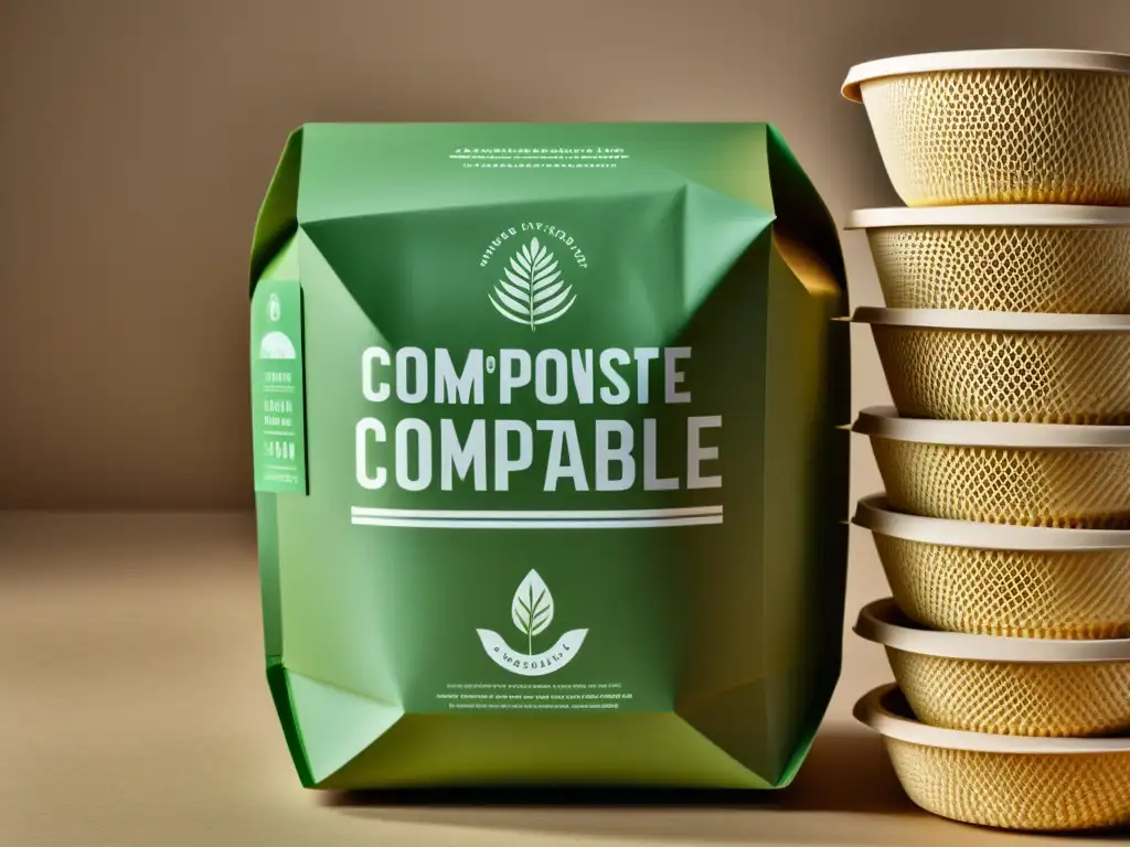 Detallada imagen de envases compostables para industria alimentaria, mostrando textura ecológica y diseño minimalista innovador