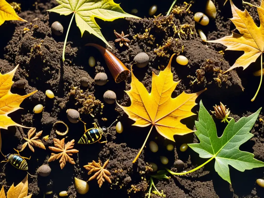 Detallada imagen de hojas otoñales en descomposición, con microorganismos y raíces entrelazadas