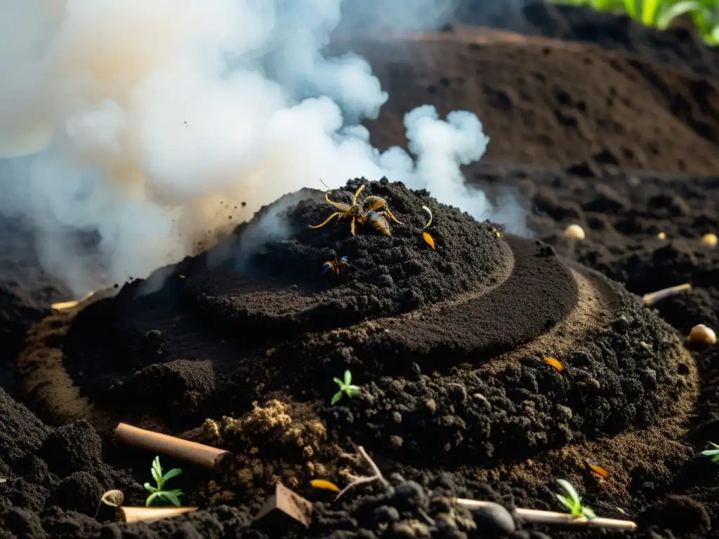 Detallada imagen de un montón de compost caliente, con vapor y microorganismos, ilustrando técnicas de compostaje caliente vs frío