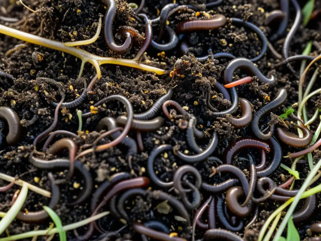 Detallada imagen de un montón de compost oscuro, rebosante de lombrices y microorganismos