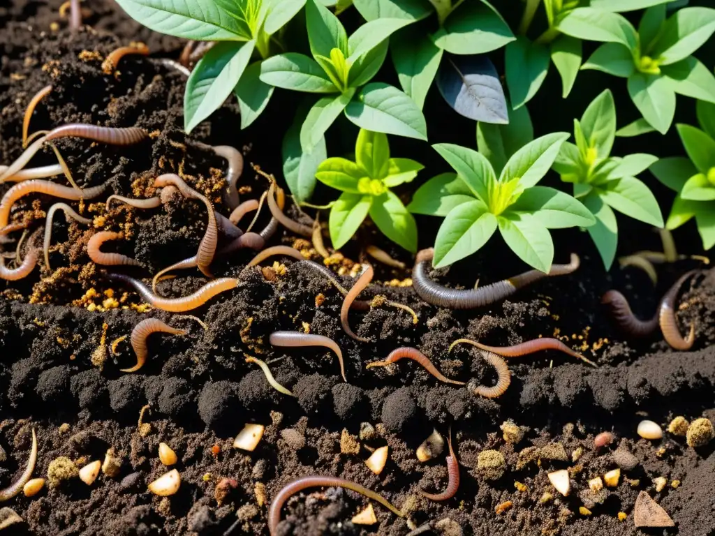 Detallada imagen de un montón de compost en el jardín, con materia orgánica en descomposición, lombrices y tierra fértil