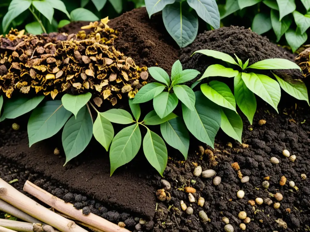 Detallada imagen de un montón de compost en un jardín, con capas de materia orgánica descompuesta y texturas visibles de hojas, ramitas y tierra